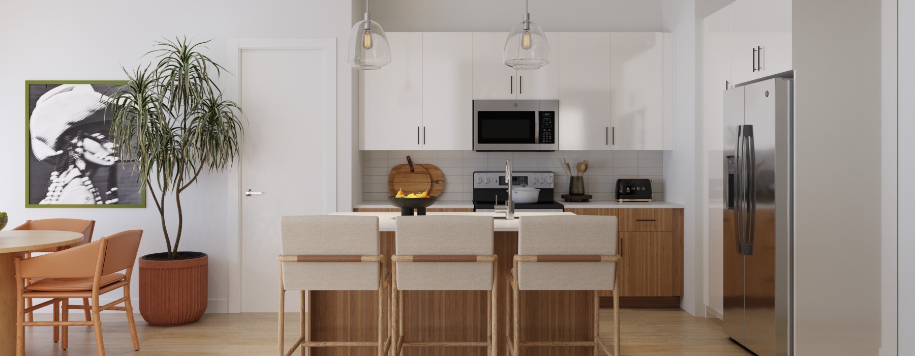 white kitchen in a townhome for rent