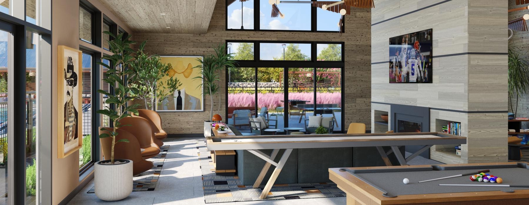 clubhouse with a table, chairs, a pool table and open lighting