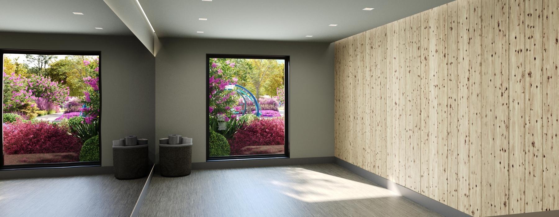 a room with a large window, a mirror and wood paneling on the wall