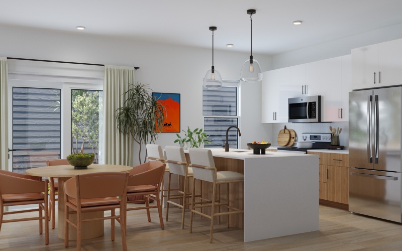 open kitchen with waterfall edge island 