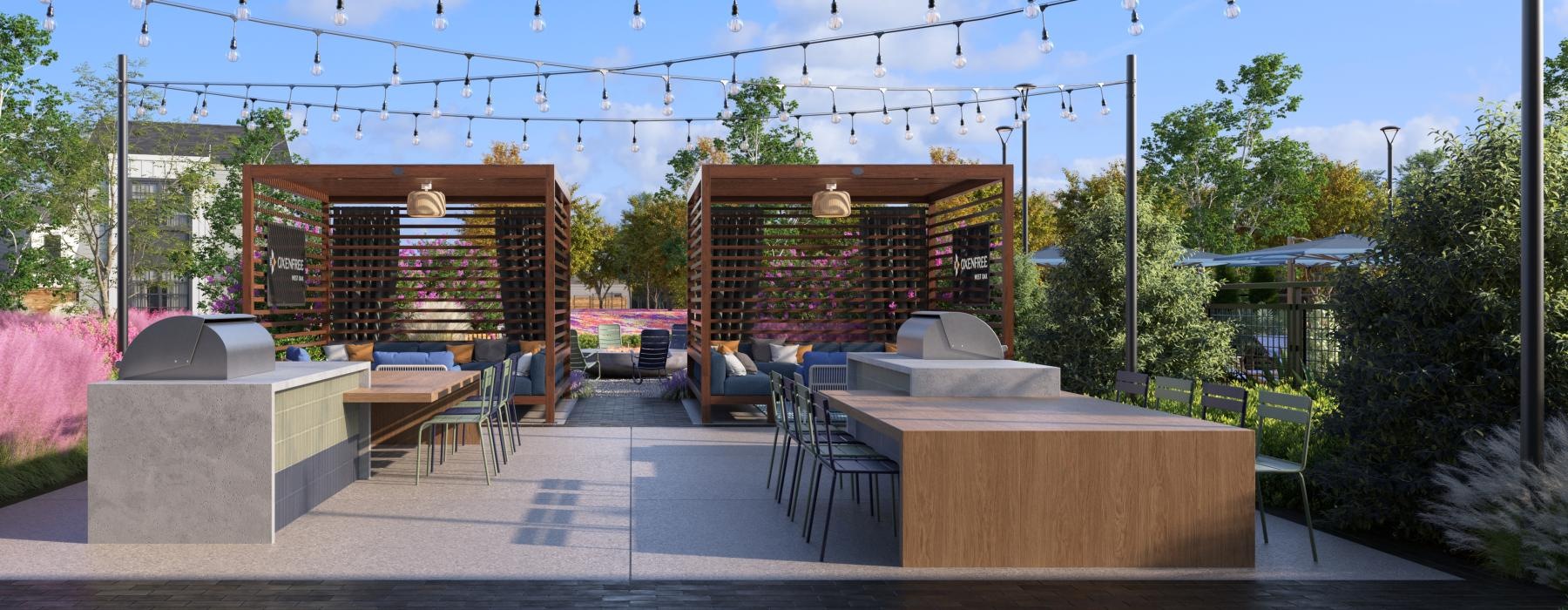outside grill area with two seating areas
