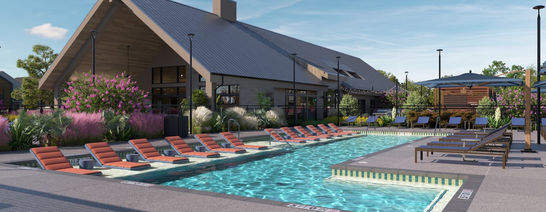 a swimming pool in front of a building